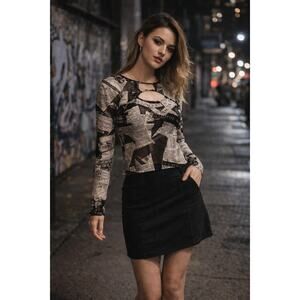 Newspaper Print Sheer Blouse Cutout Neck Y2K Edgy Editorial Top Small